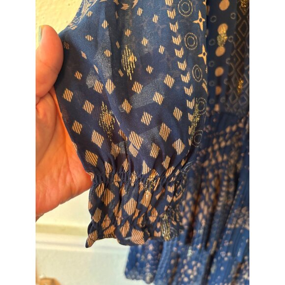 Anthropologie Current Air XS Taken In Teal Gold Navy Mini Dress Pleated - Picture 12 of 13